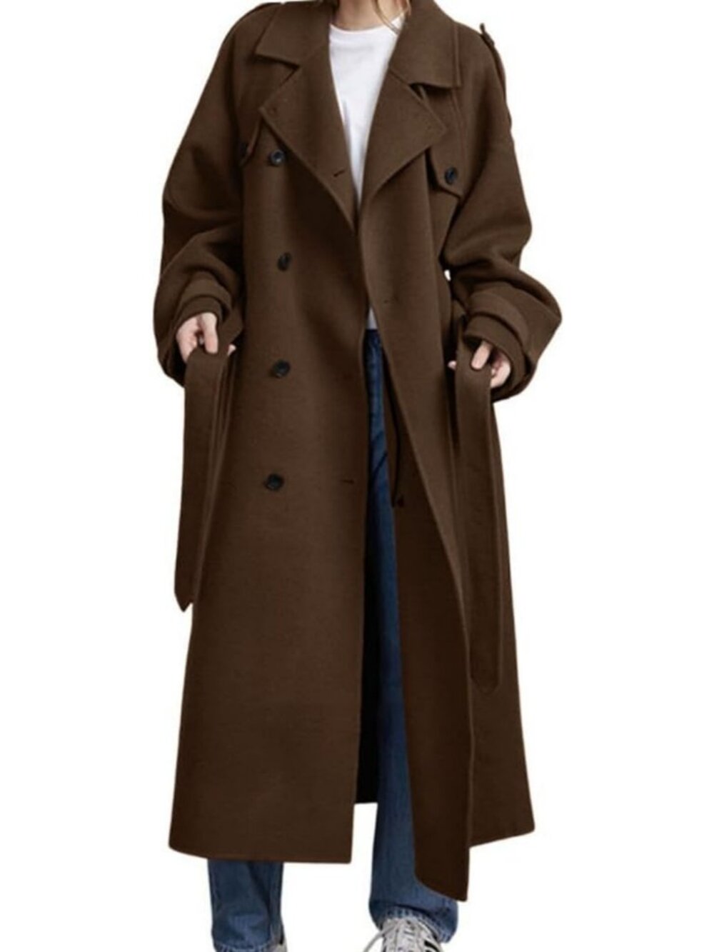 Chic Women's Winter Wool Coat - Double Breasted, Midi Length, Long Sleeve